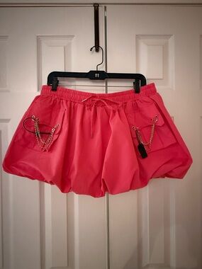 Pink Bubble Mini Skirt with Chain-Detail Pockets